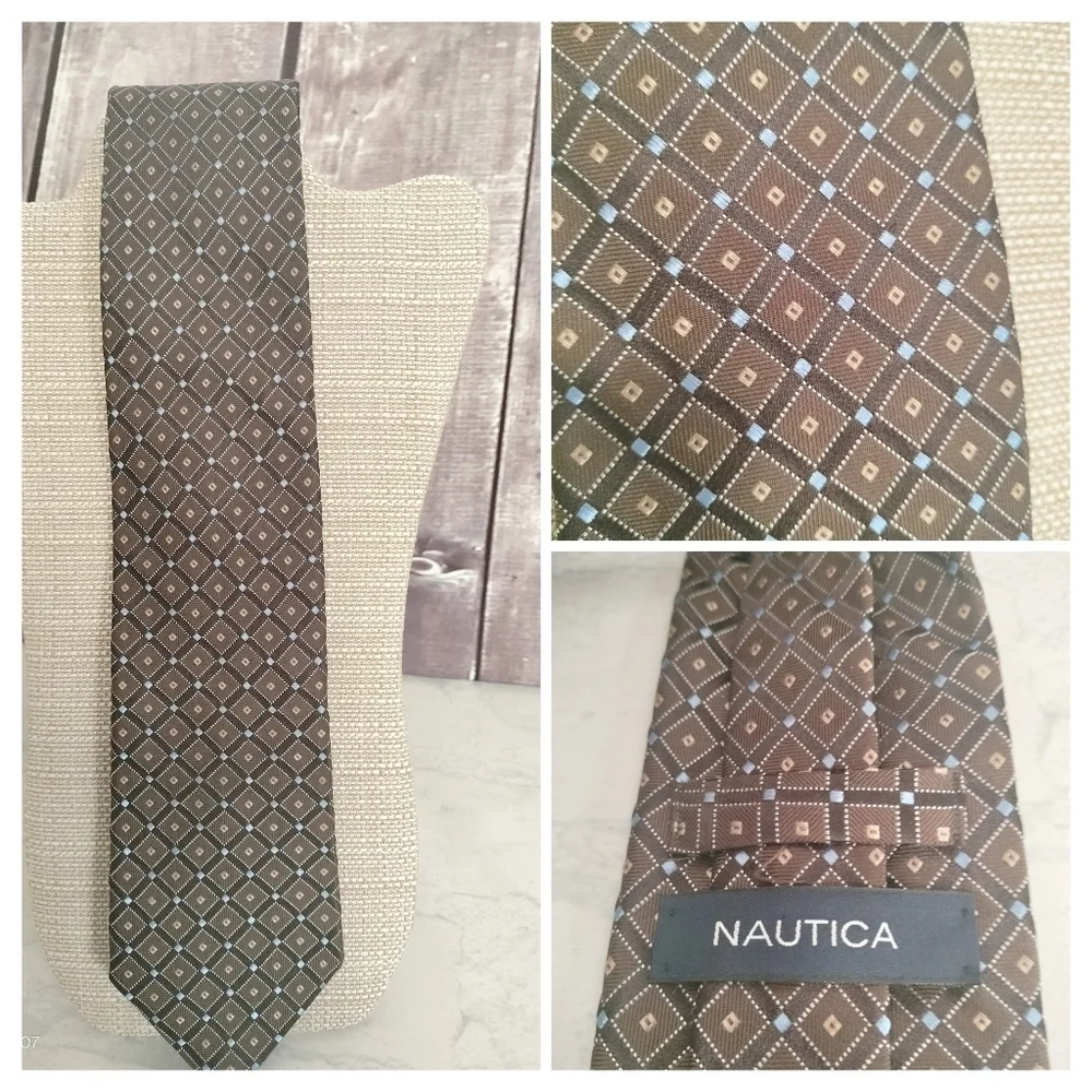 Nautica Brown Blue Geometric  Woven Men's Tie Necktie Silk Made in USA Formal